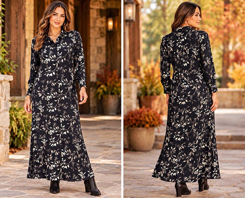 Banana Republic Navy Cream Floral Maxi Shirt Dress Sz M Long Sleeve Bohemian